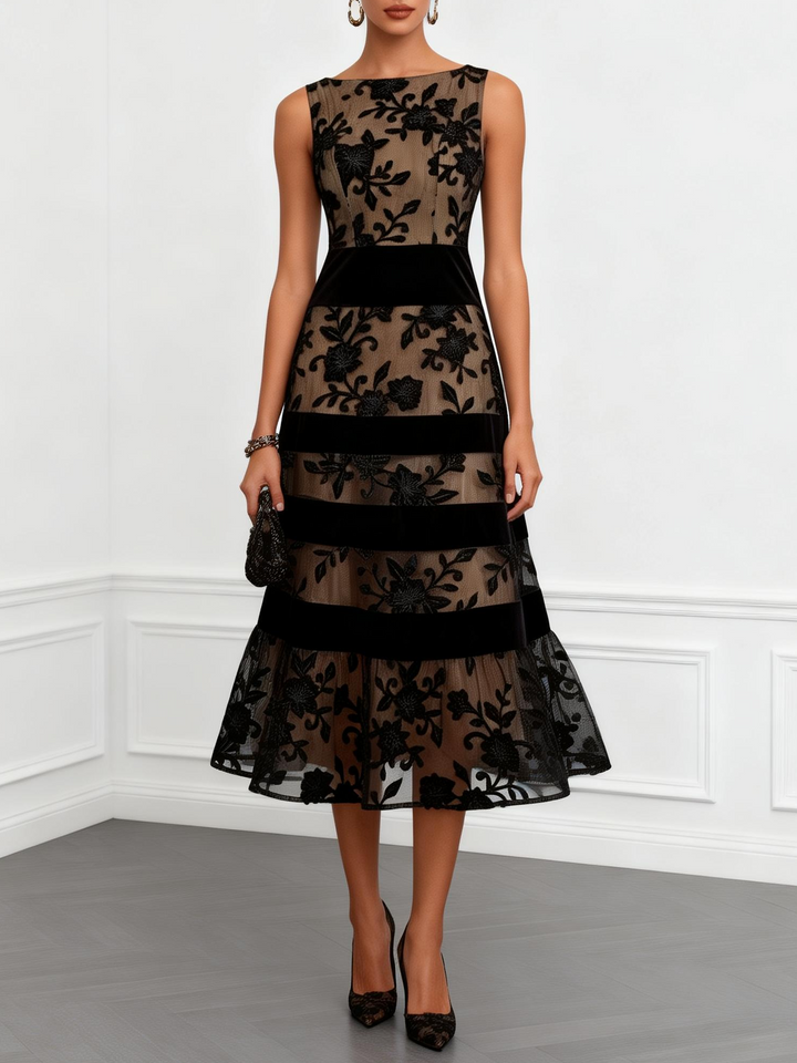 Black Mesh Floral Sleeveless A-Line Midi Dress - Elena Harper