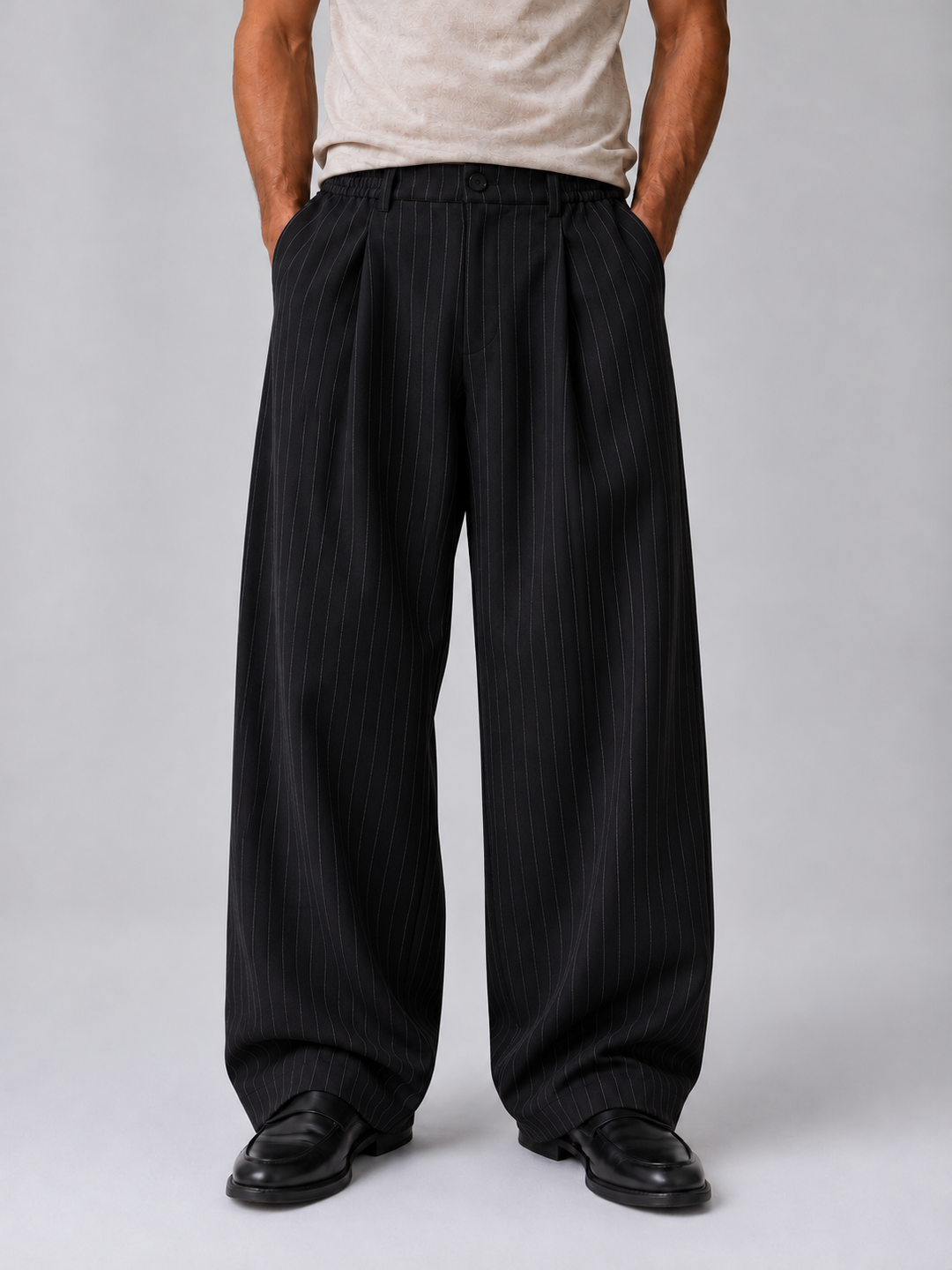 Men’s Pinstripe Wide Leg Trousers Baggy Tailored Pants, view 5 - Elena Harper