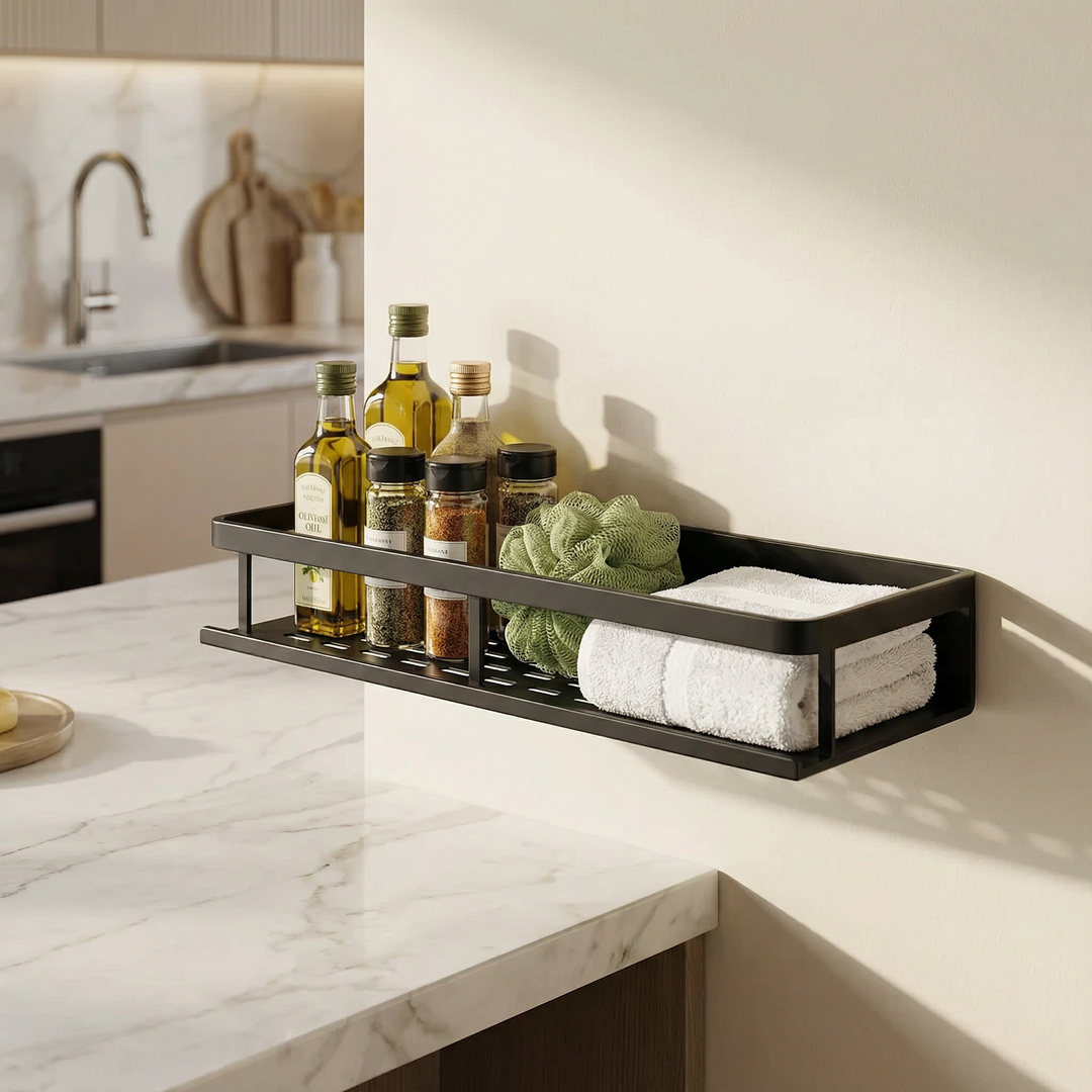 Space-Saving Gray Metal Kitchen Wall Shelf with Hooks