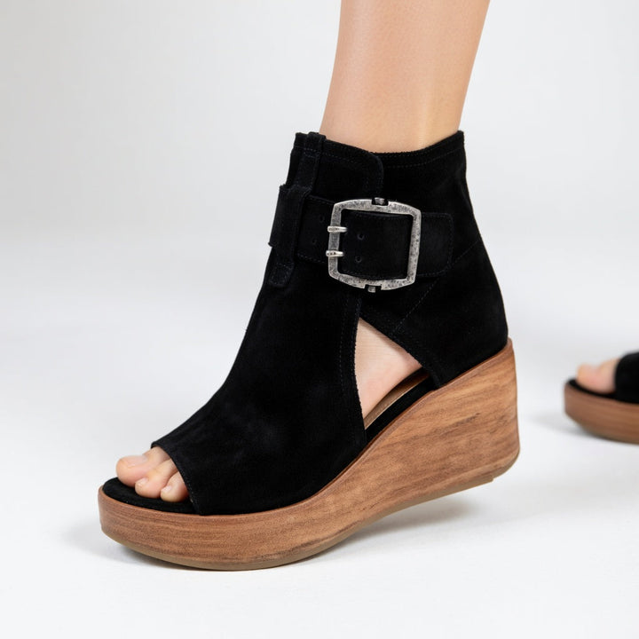 Women's Wedge Sandals Suede Open Toe Metal Buckle Wooden Sole