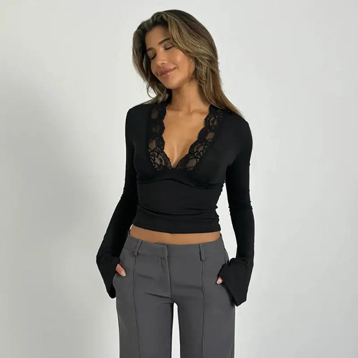 Women's Long-Sleeved Lace Trim Wrap Top with Deep V-Neck