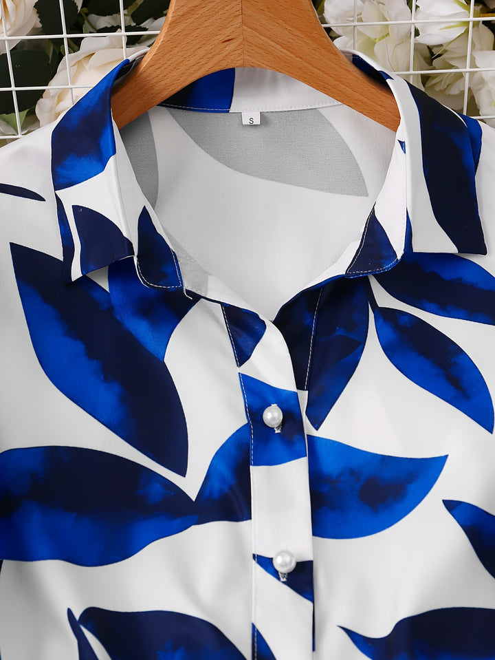 Leaf Print Casual Shirt with Long Sleeves and Lapel