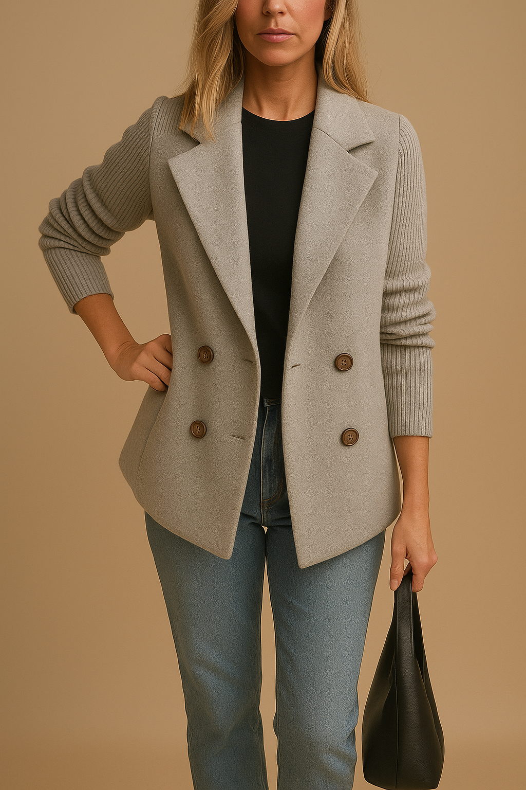 Women's Blazer | Knitted Sleeves & Double-Breasted Design