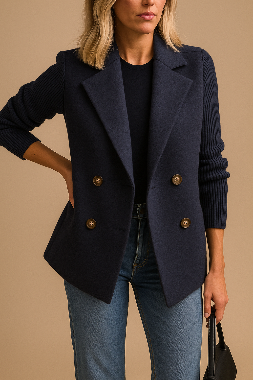 Women's Blazer | Knitted Sleeves & Double-Breasted Design