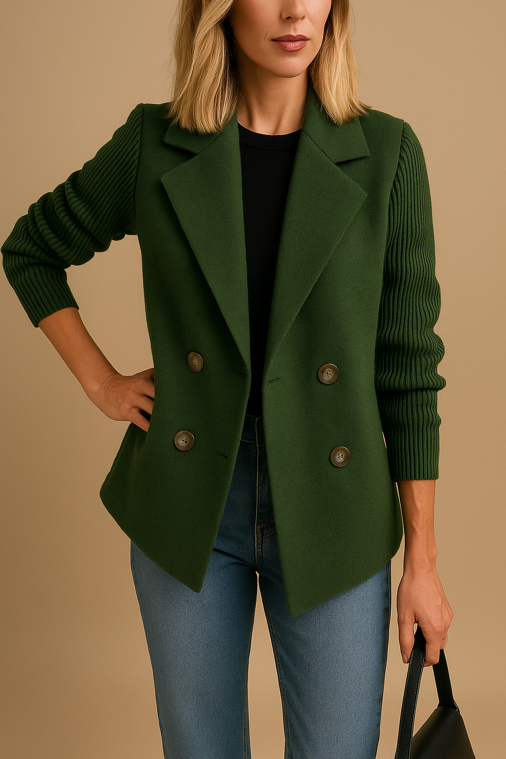 Women's Blazer | Knitted Sleeves & Double-Breasted Design