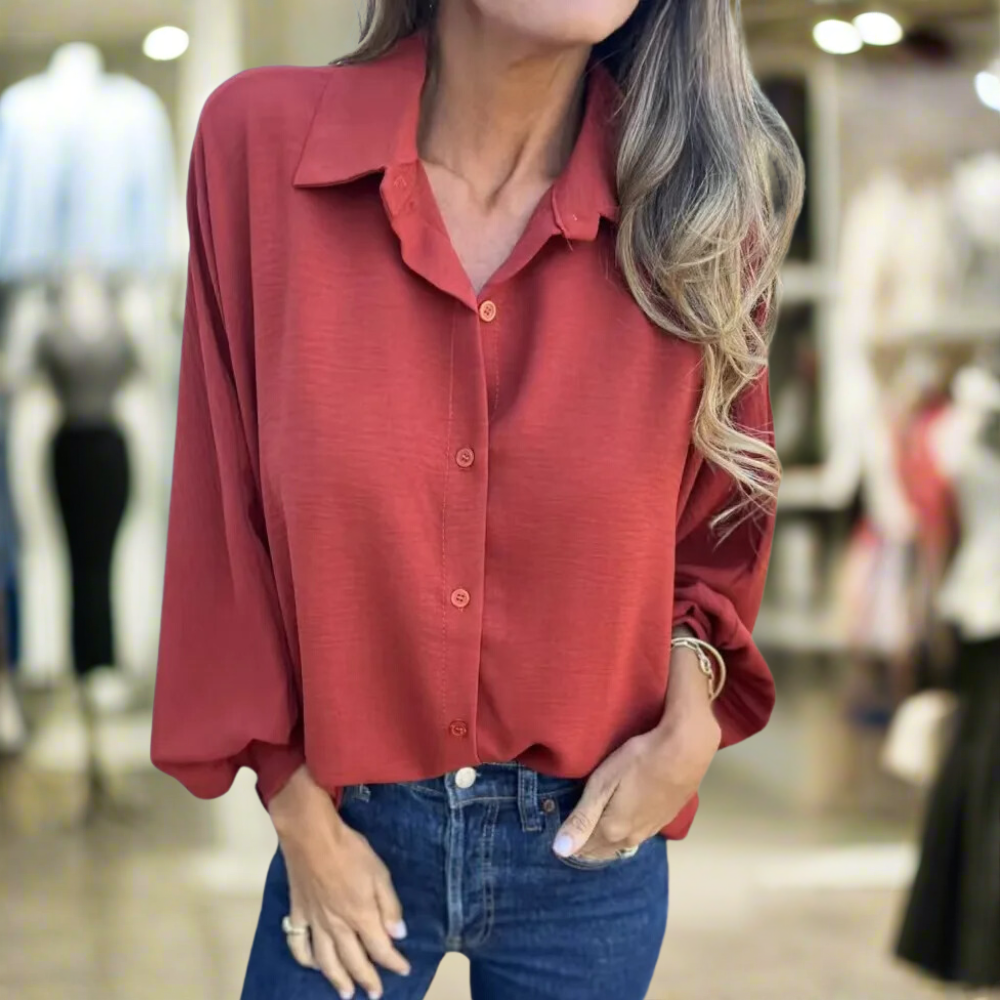 Women's Long Sleeve Shirt with Notched Collar and Autumn Design