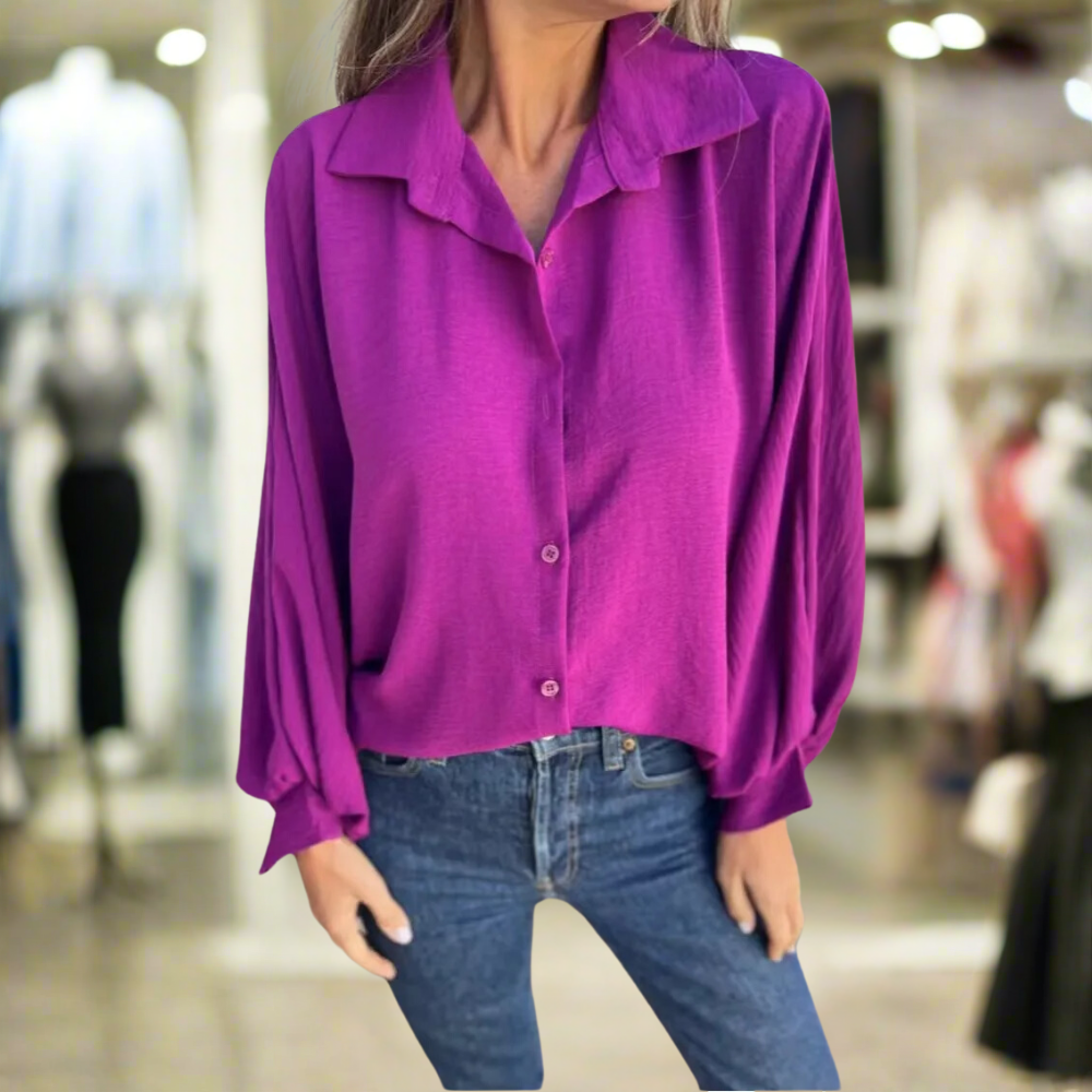 Women's Long Sleeve Shirt with Notched Collar and Autumn Design