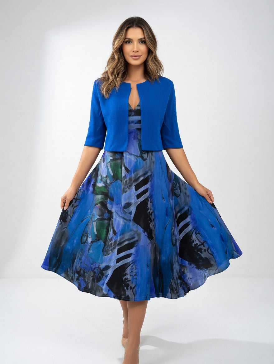 Fluid Midi Dress with Bolero Elegant Artistic Print - Elena Harper