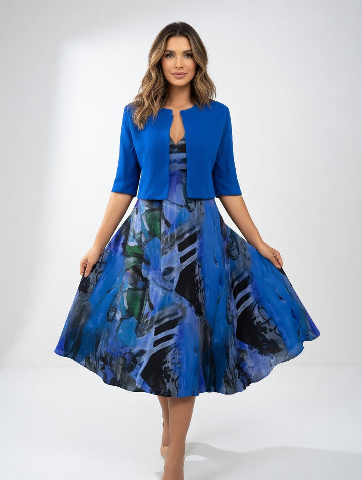 Fluid Midi Dress with Bolero Elegant Artistic Print - Elena Harper
