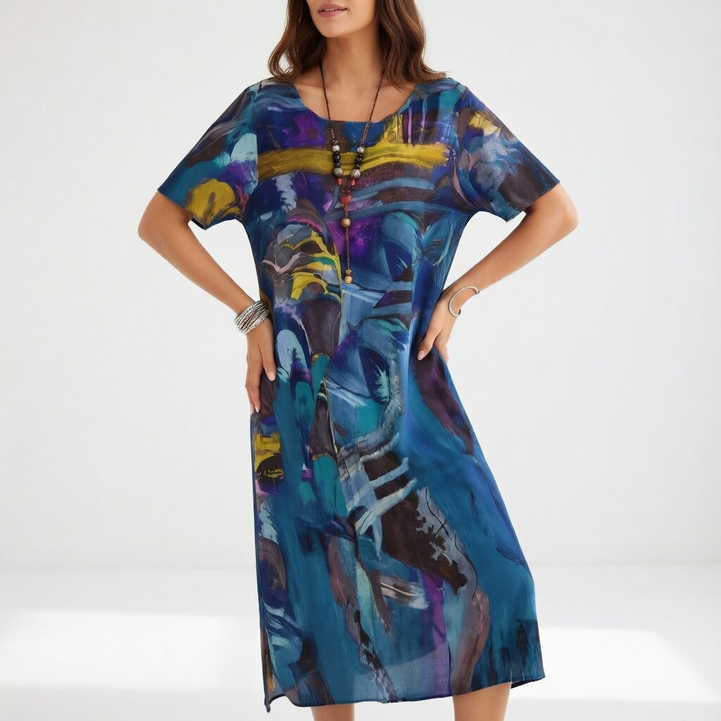 Long flowing dress with artistic print Summer bohemian elegance - Elena Harper