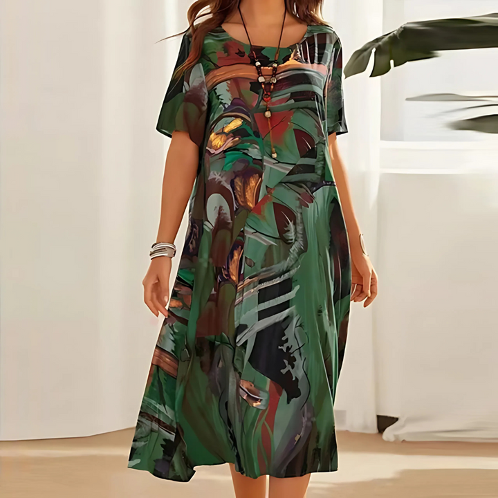 Flower Dress for Women Abstract Allover Print & Flowing Cut, view 2 - Elena Harper