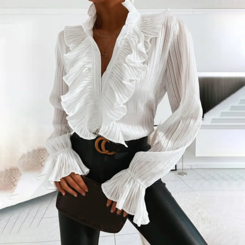 Elegant Ruffled and Button Evening Office Blouse – Stylish, Flattering