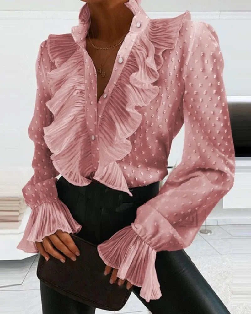 Elegant Ruffled and Button Evening Office Blouse – Stylish, Flattering