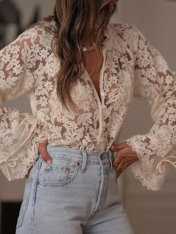 Women's Blouse | Lace Trim & Button Placket