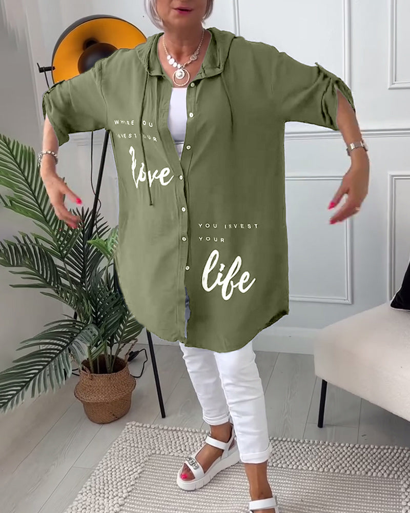 Women's Hoodie Blouse | Button Placket & Print