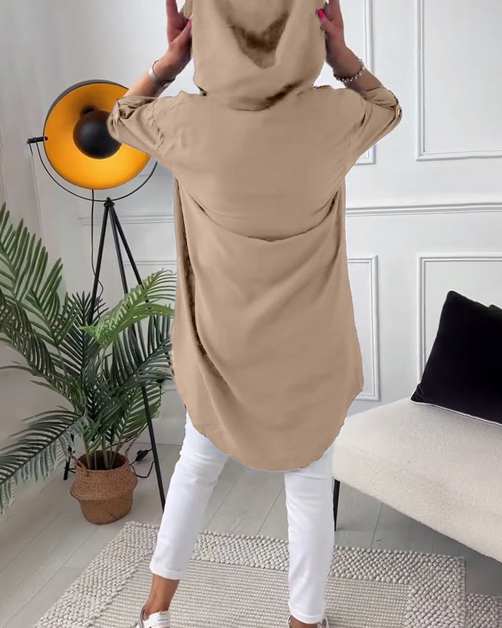 Women's Hoodie Blouse | Button Placket & Print