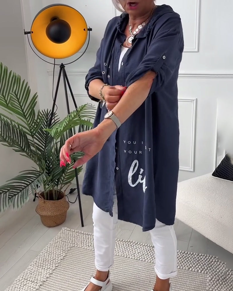 Women's Hoodie Blouse | Button Placket & Print