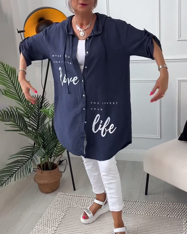 Women's Hoodie Blouse | Button Placket & Print
