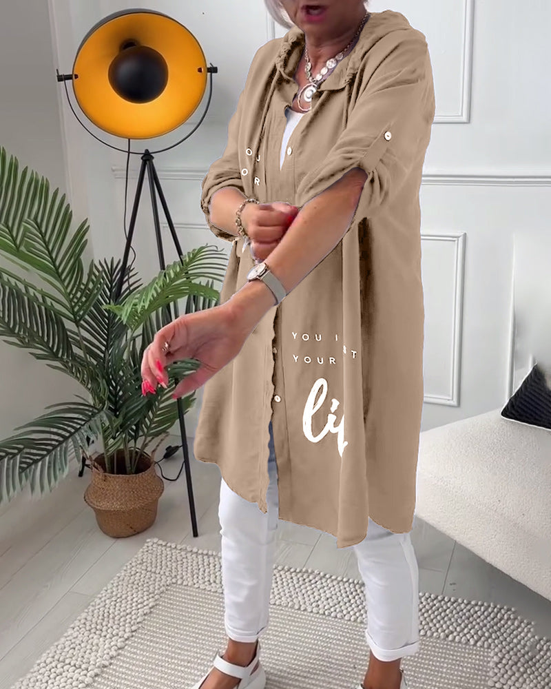 Women's Hoodie Blouse | Button Placket & Print