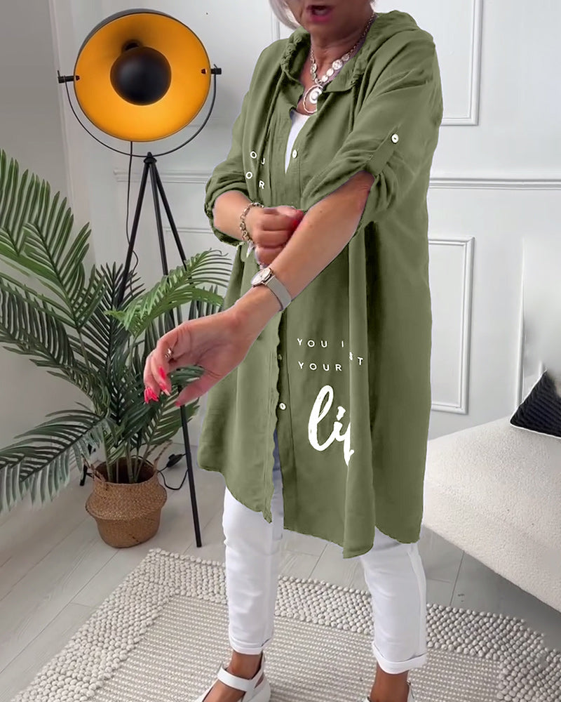 Women's Hoodie Blouse | Button Placket & Print