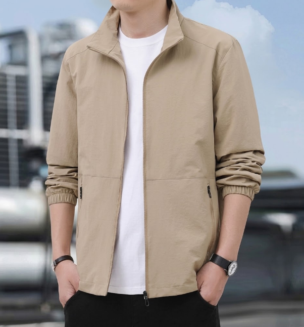 Men's Bomber Jacket with Zipper and Stand-Up Collar