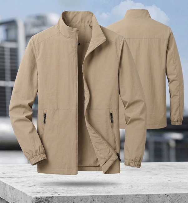 Men's Bomber Jacket with Zipper and Stand-Up Collar