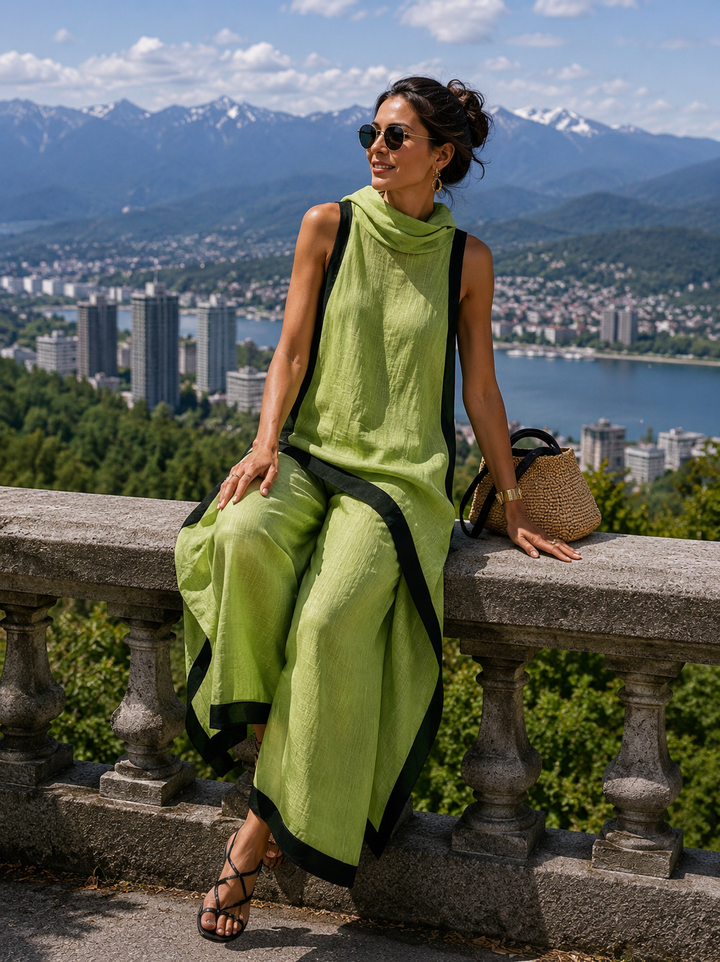 Women's Linen and Cotton Outfit with Asymmetrical Tunic and Wide Pants