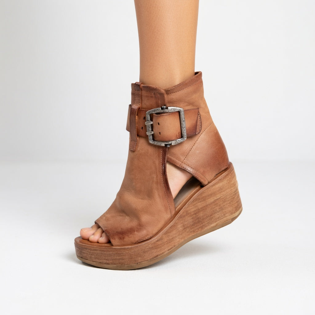Women's Wedge Sandals Suede Open Toe Metal Buckle Wooden Sole