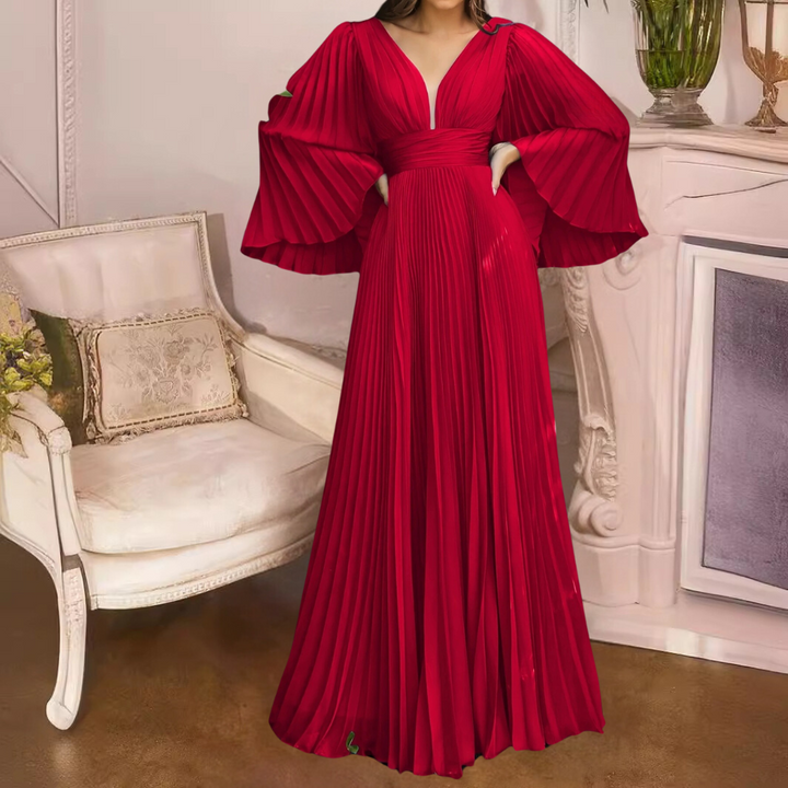 Elegant Pleated Maxi Dress for Women Deep V Neck Chiffon with Long Sleeves, view 6 - Elena Harper