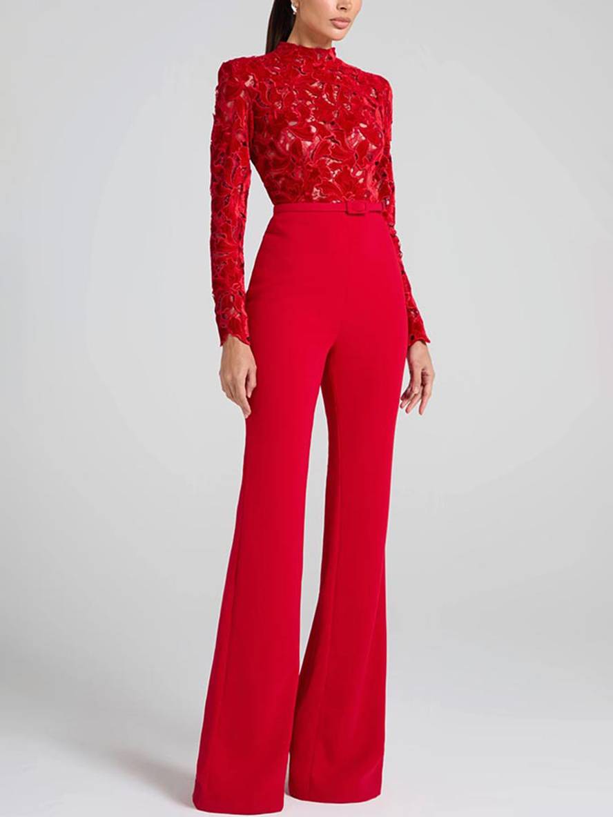 Women's Elegant Flared Jumpsuit with Belt & English Embroidery - Elena Harper