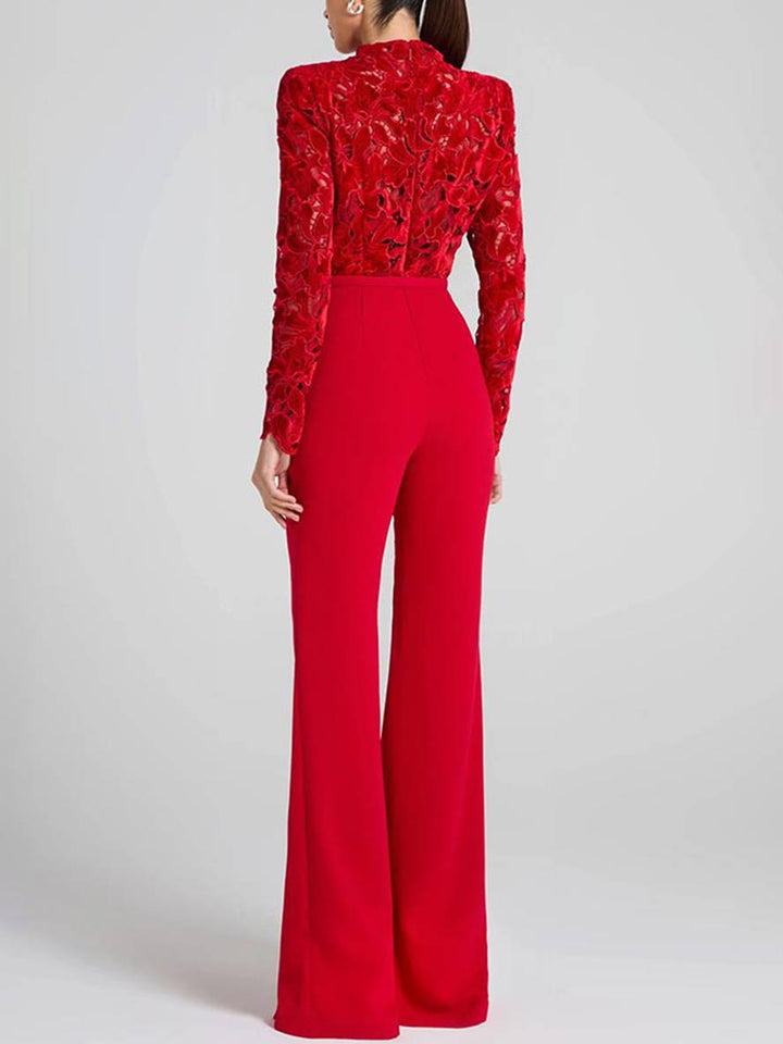 Women's Elegant Flared Jumpsuit with Belt & English Embroidery, view 3 - Elena Harper