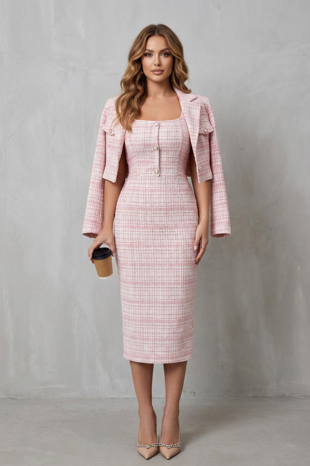 Women's Plaid Midi Dress and Cropped Blazer Co-ord Set Damielle, view 2 - Elena Harper
