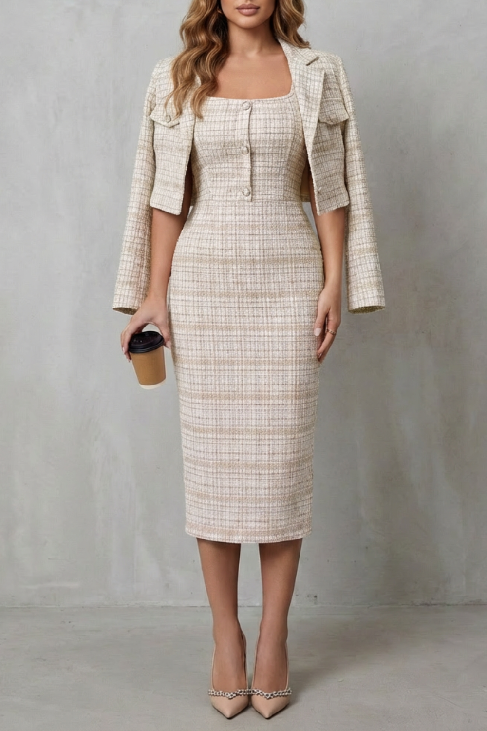 Women's Plaid Midi Dress and Cropped Blazer Co-ord Set Damielle, view 7 - Elena Harper