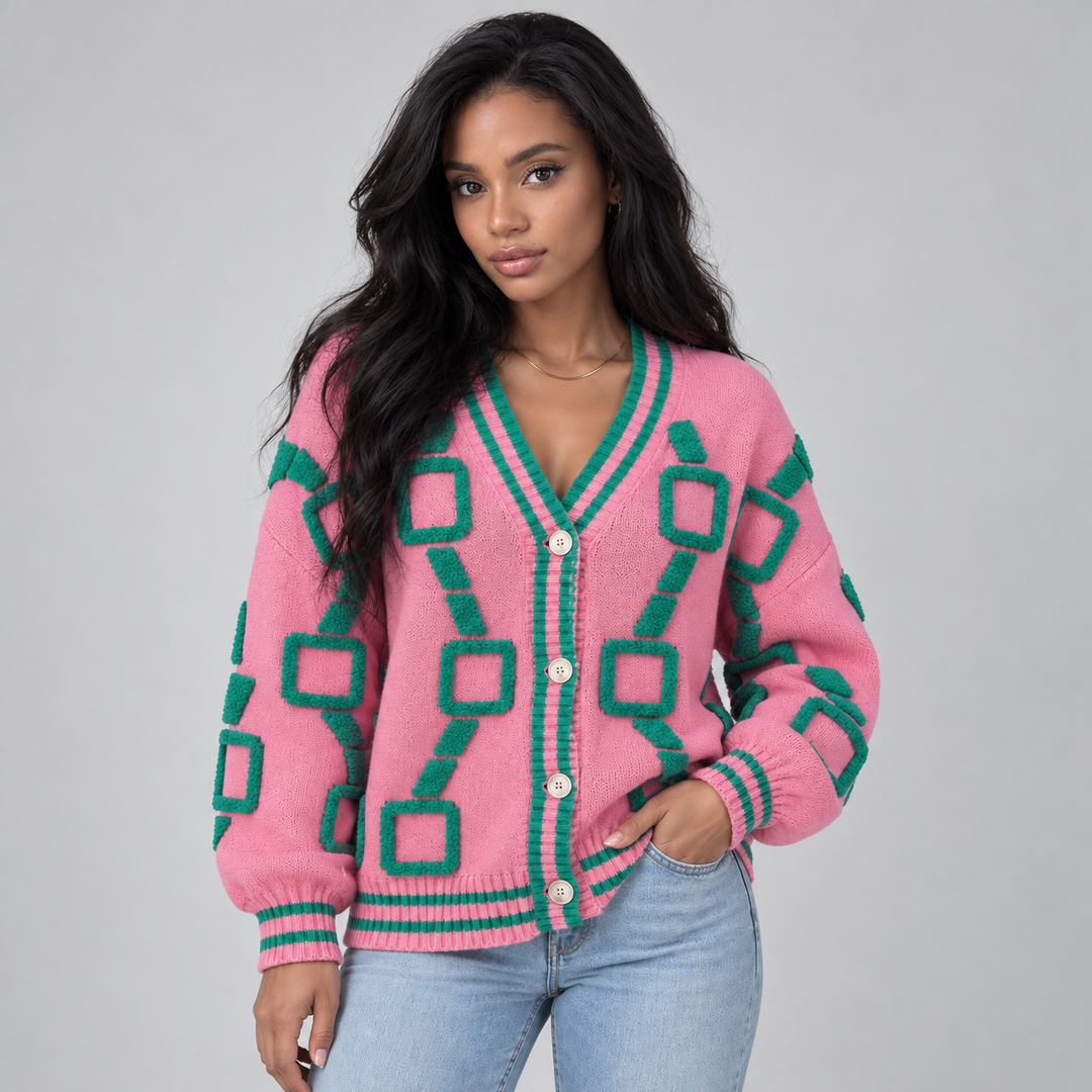 Montarello Women's Geometric V-Neck Cardigan, Button Front