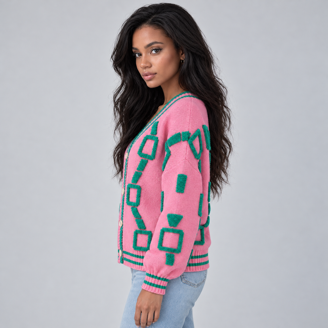 Montarello Women's Geometric V-Neck Cardigan, Button Front