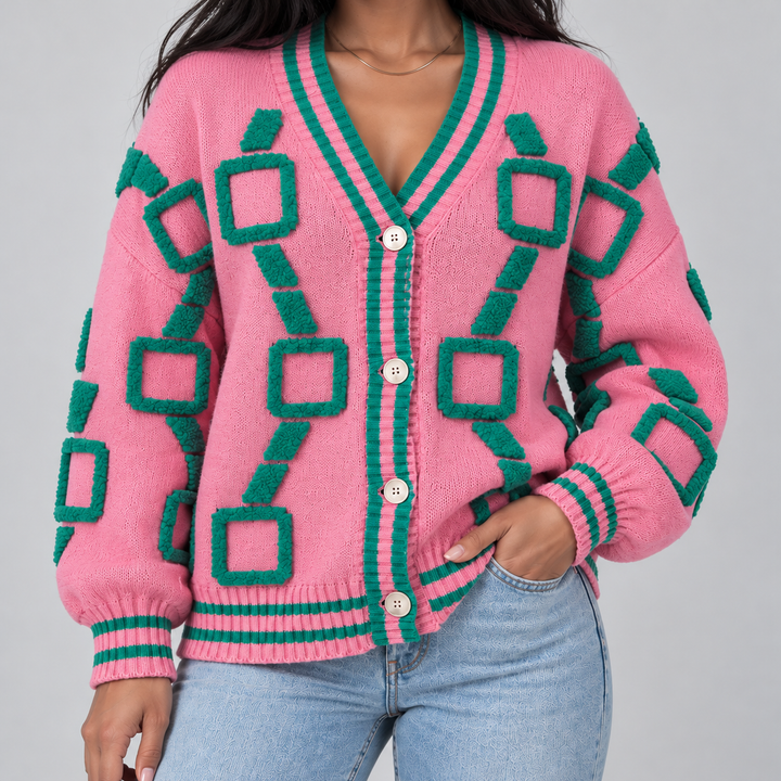 Montarello Women's Geometric V-Neck Cardigan, Button Front