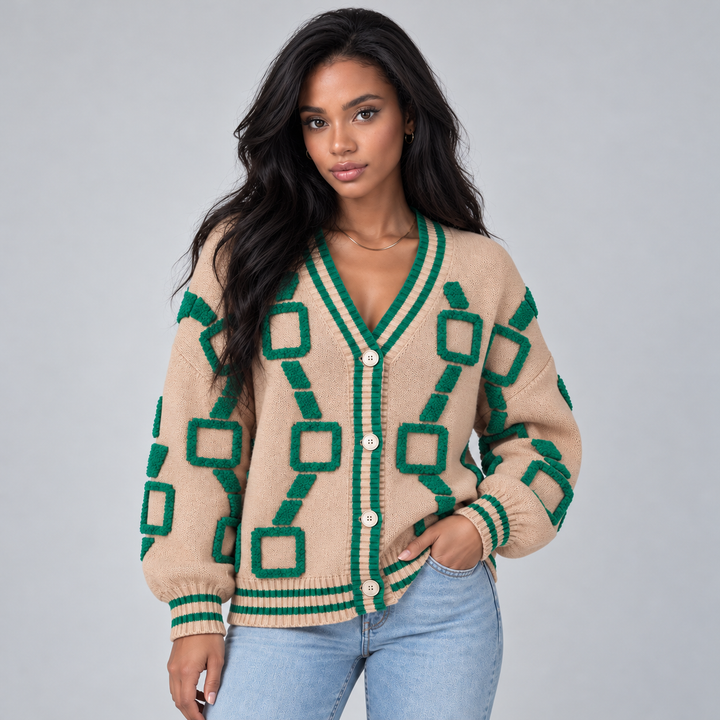 Montarello Women's Geometric V-Neck Cardigan, Button Front