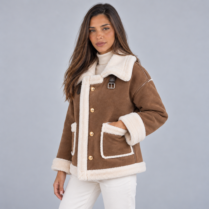 Montarello Women's Jacket Suede-Look Borg Aviator Button Front