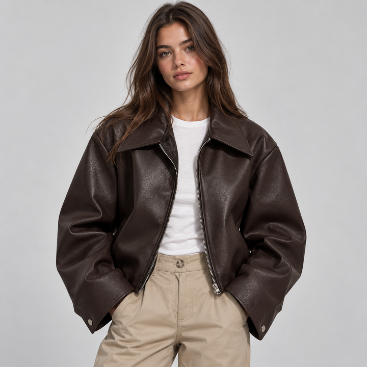 Montarello Women's Biker Jacket in Faux Leather with Lapel Collar
