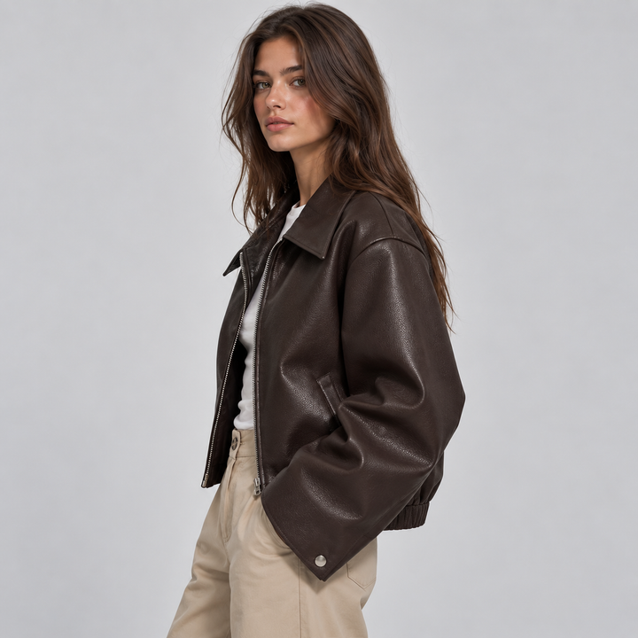Montarello Women's Biker Jacket in Faux Leather with Lapel Collar