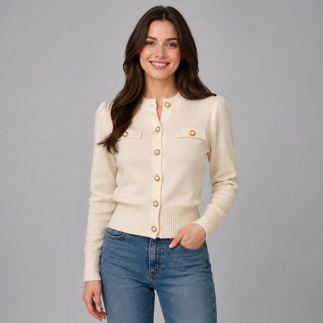 Short women's cardigan Montarello, round neck, gold buttons