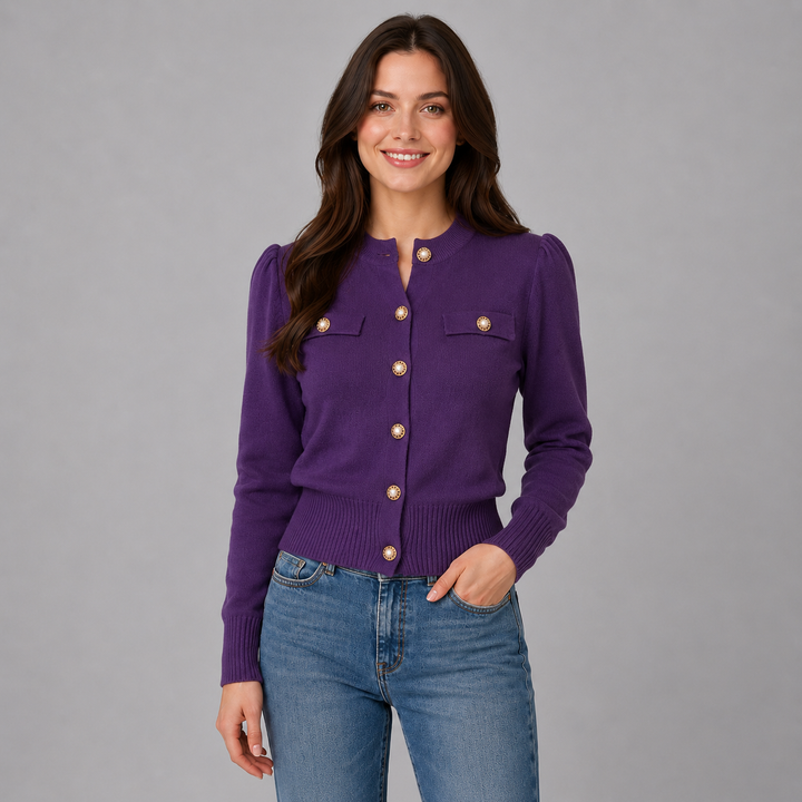 Short women's cardigan Montarello, round neck, gold buttons