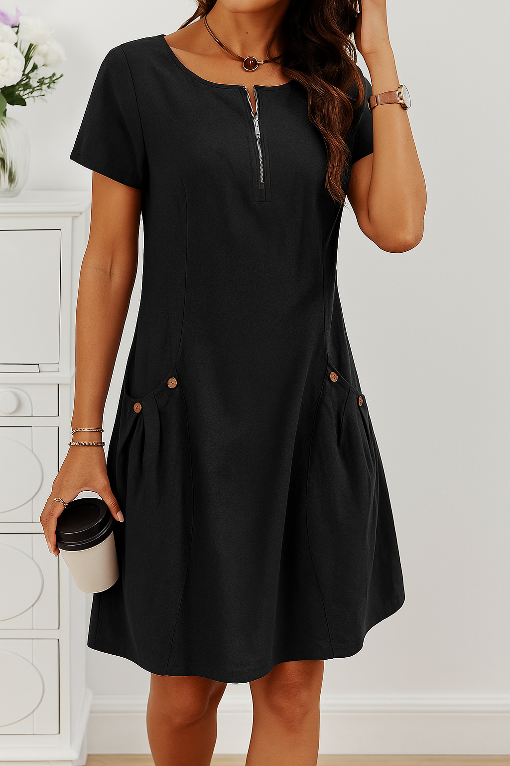 Rudina Elegant Short Sleeve Cotton Dress With Pockets - Elena Harper