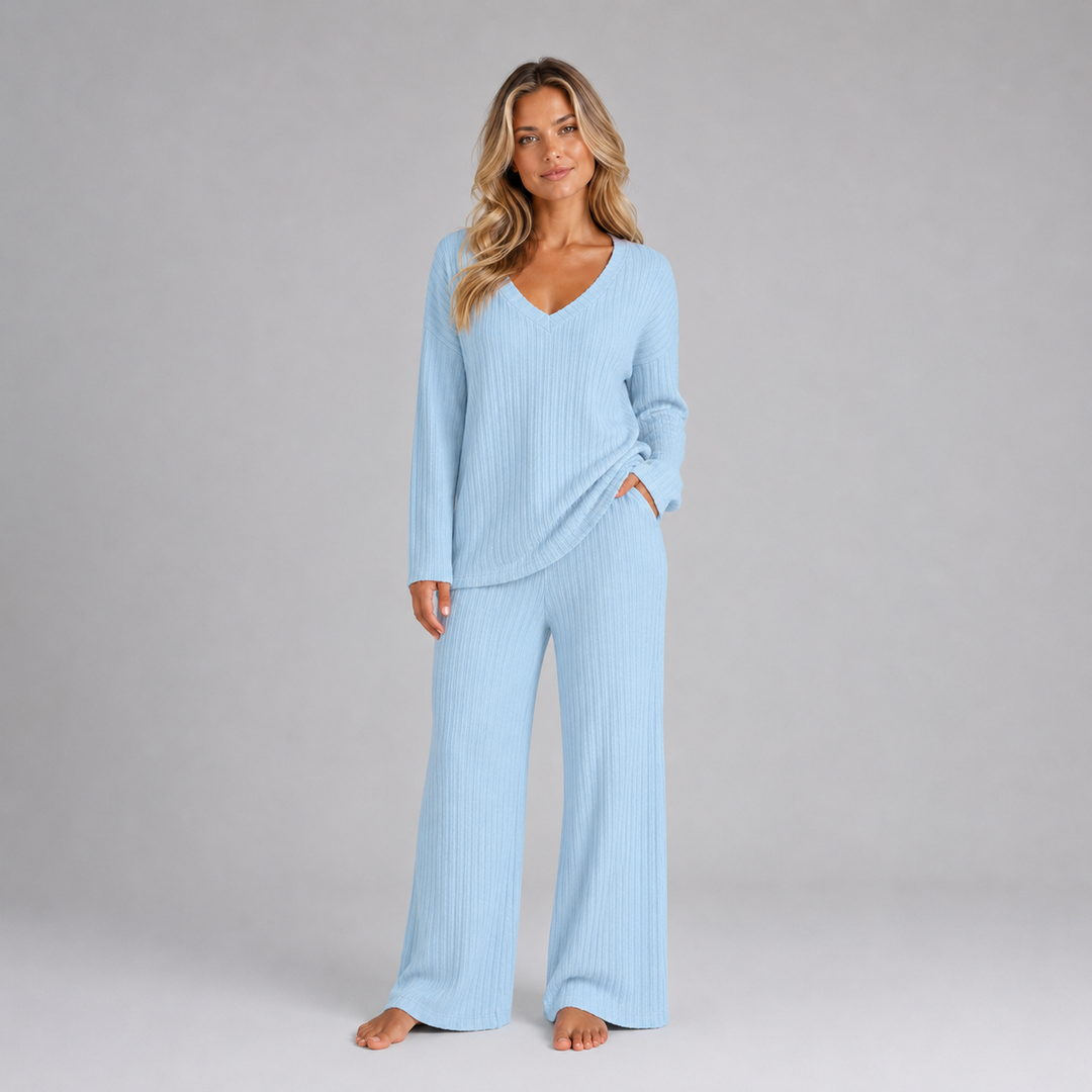 Montarello Women's Lounge Set Ribbed Knit V-Neck Wide Leg