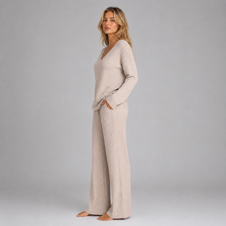 Montarello Women's Lounge Set Ribbed Knit V-Neck Wide Leg