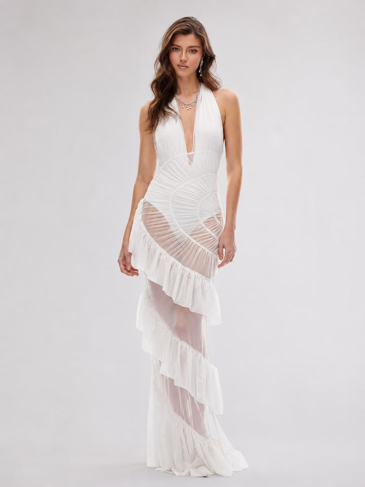 Sculpted Halter Ruffle Maxi Dress