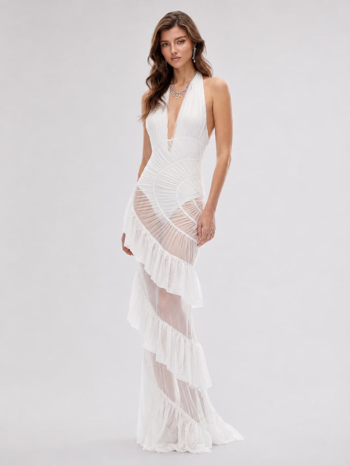 Sculpted Halter Ruffle Maxi Dress