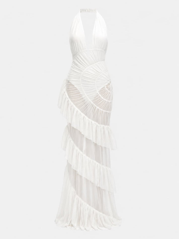 Sculpted Halter Ruffle Maxi Dress