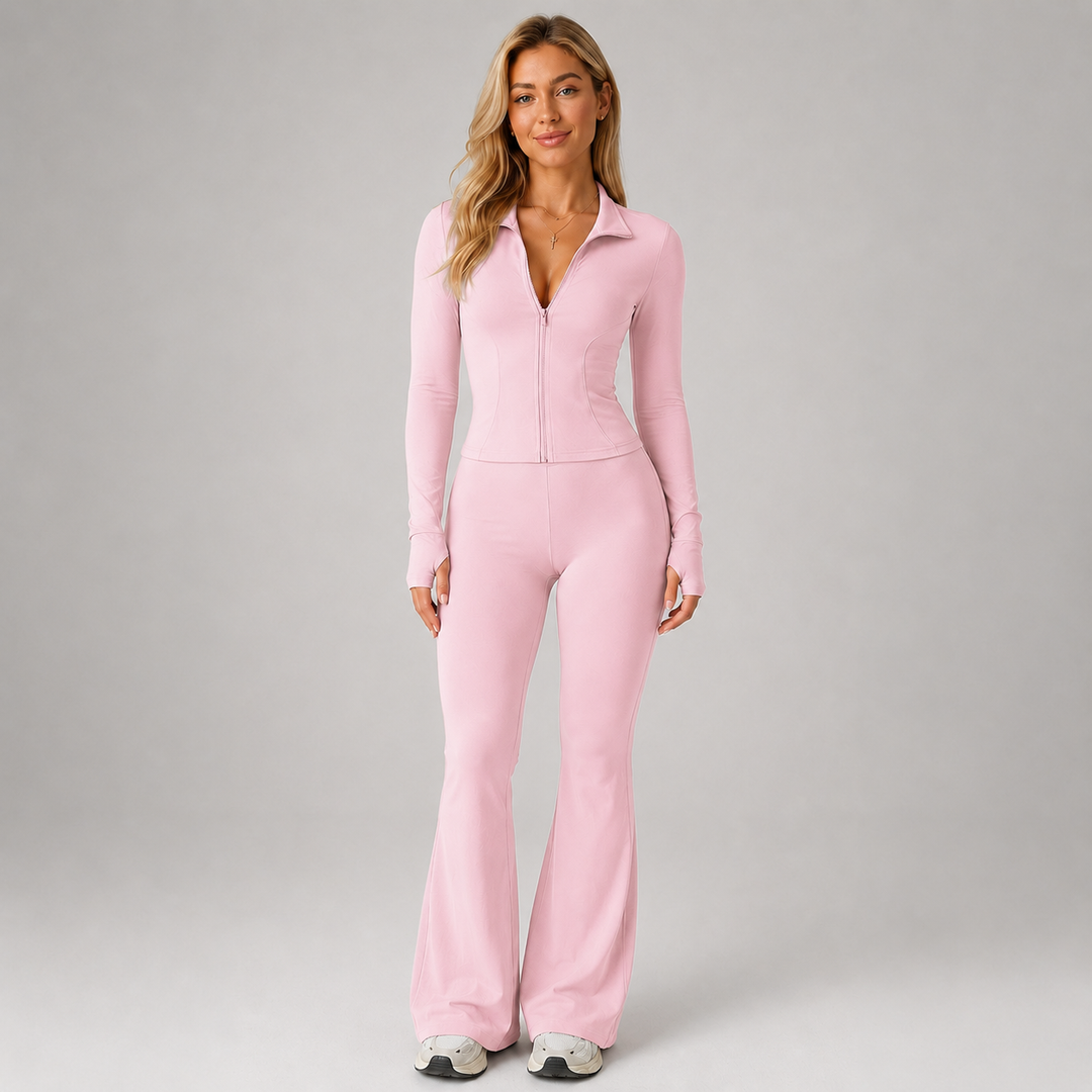 Coordinated Ribbed Set for Women Montarello, Zip-Up Top and Flared Pants