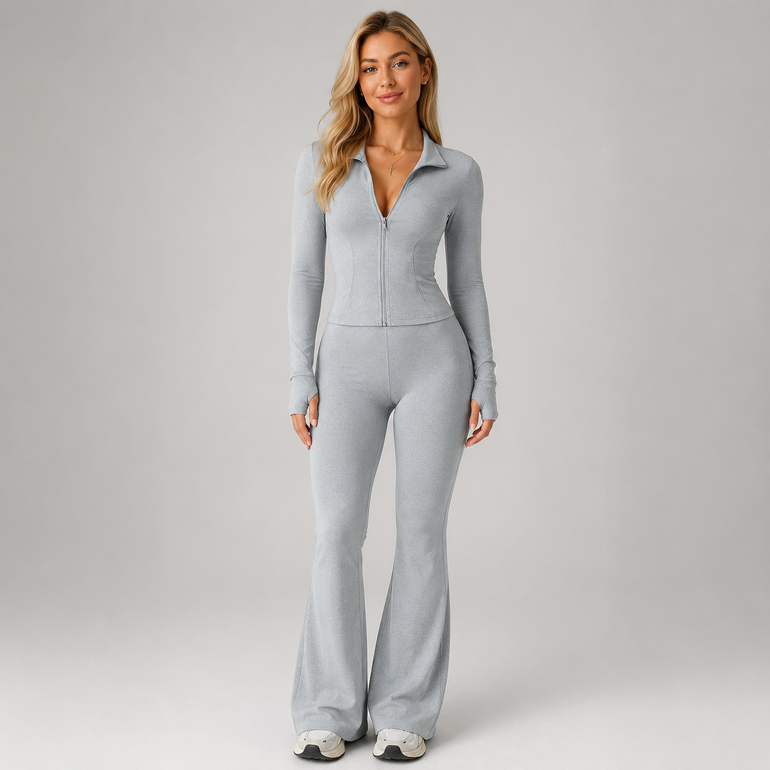 Coordinated Ribbed Set for Women Montarello, Zip-Up Top and Flared Pants